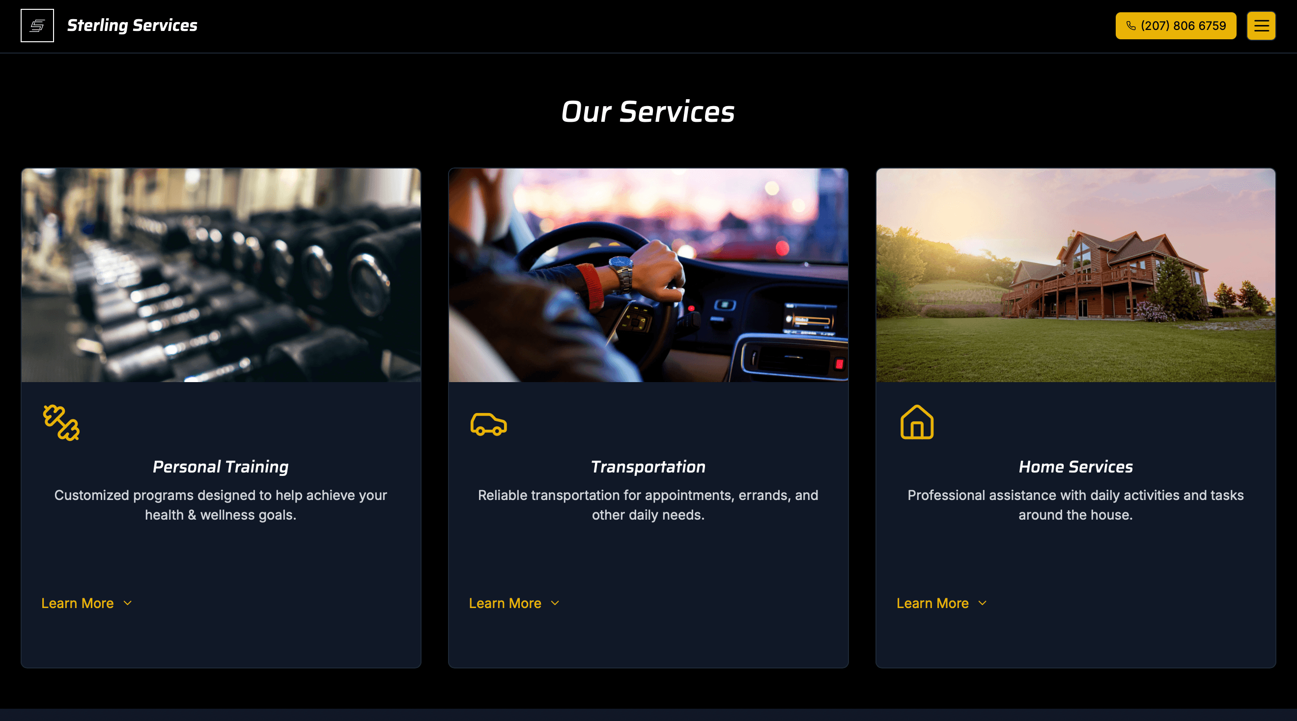Sterling Services desktop services section with card layout