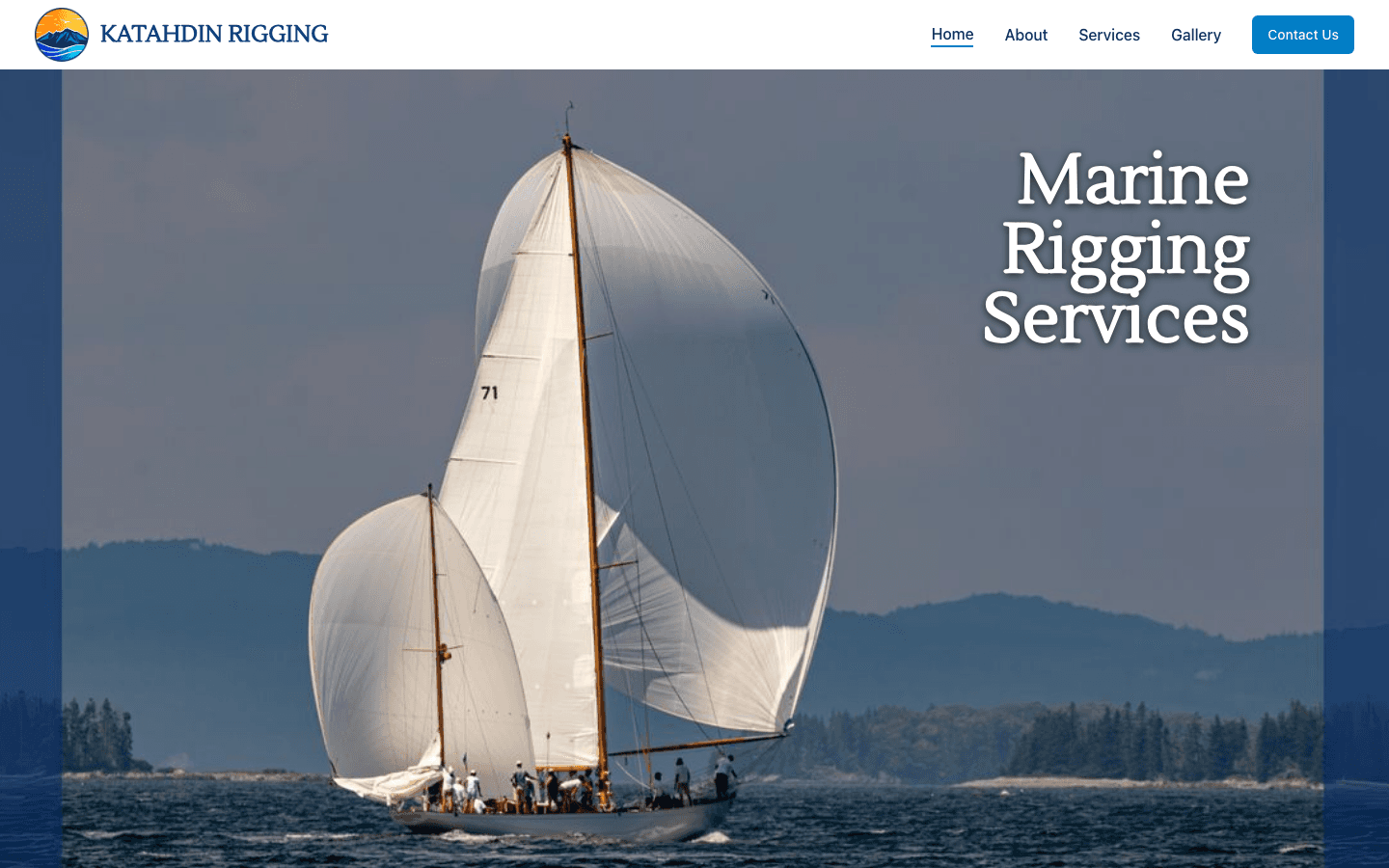 Katahdin Rigging desktop homepage with hero image of a sailboat