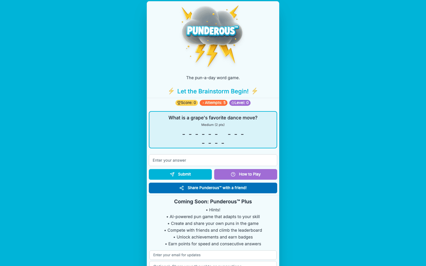 Punderous desktop game interface with live pun question