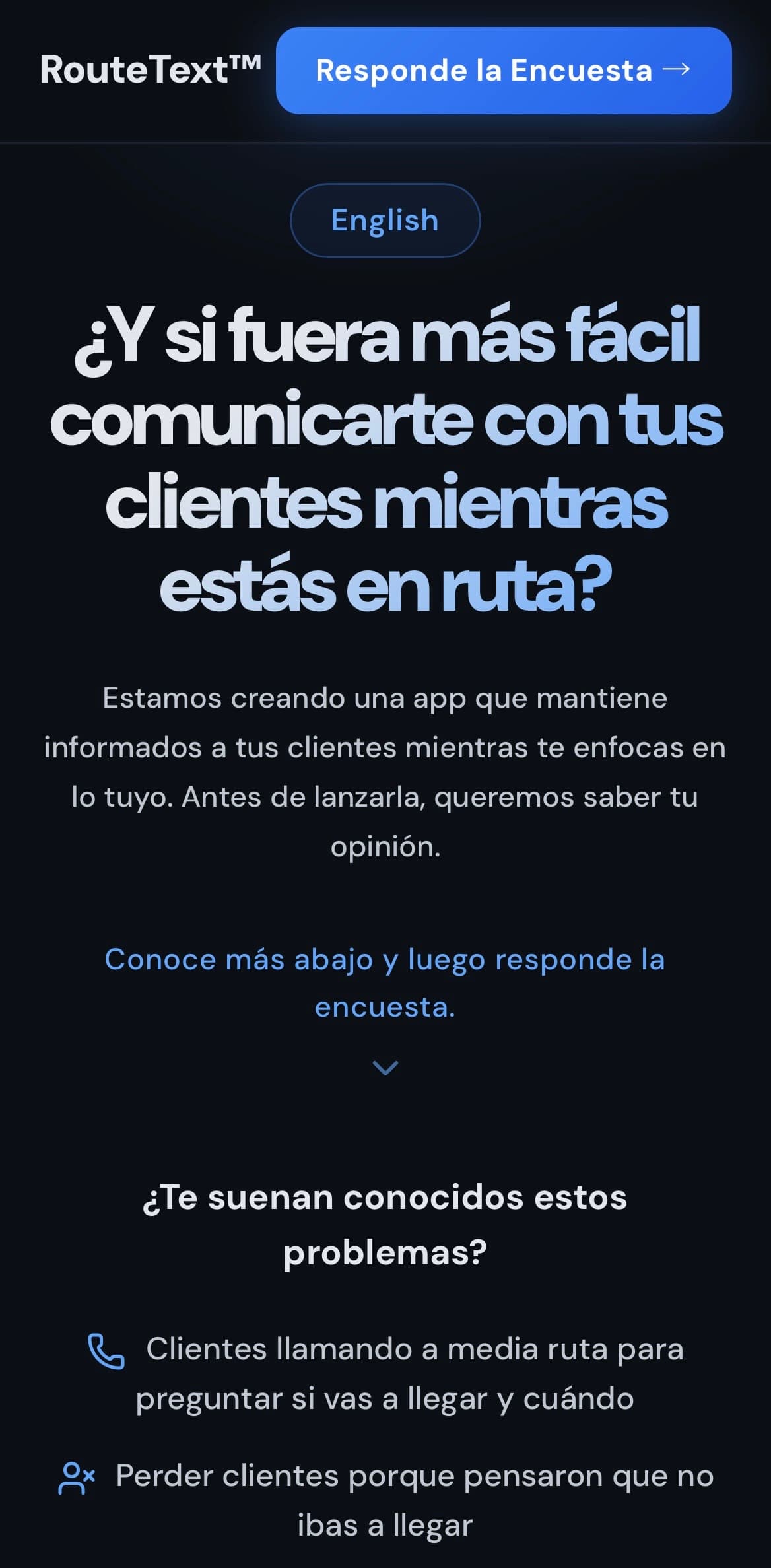 RouteText Spanish mobile homepage with translated headline and pain points