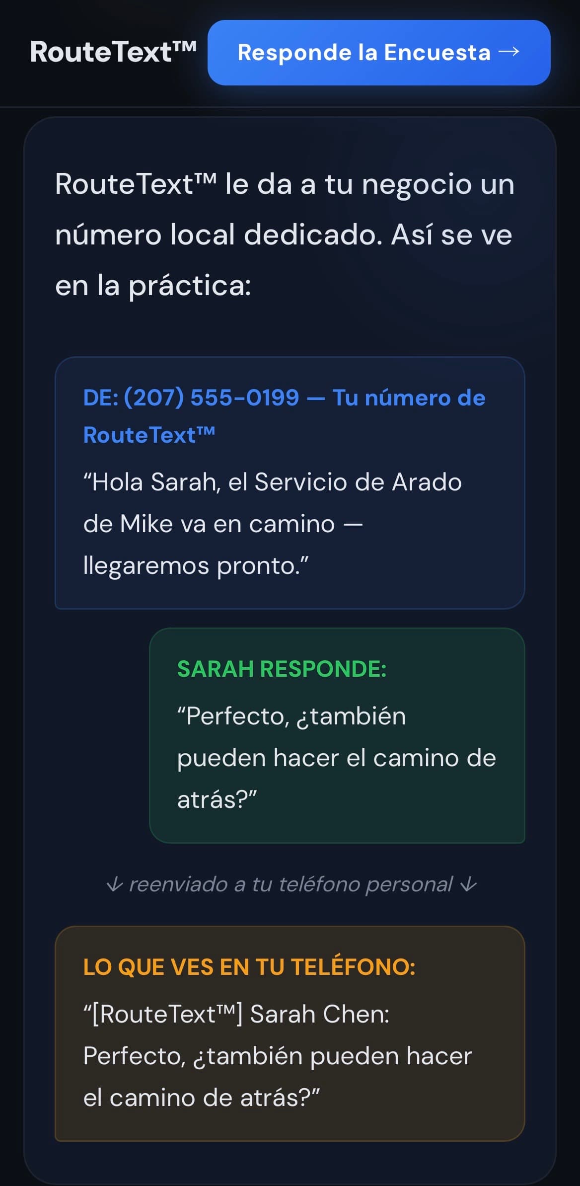 RouteText Spanish SMS conversation mockup with translated text bubbles