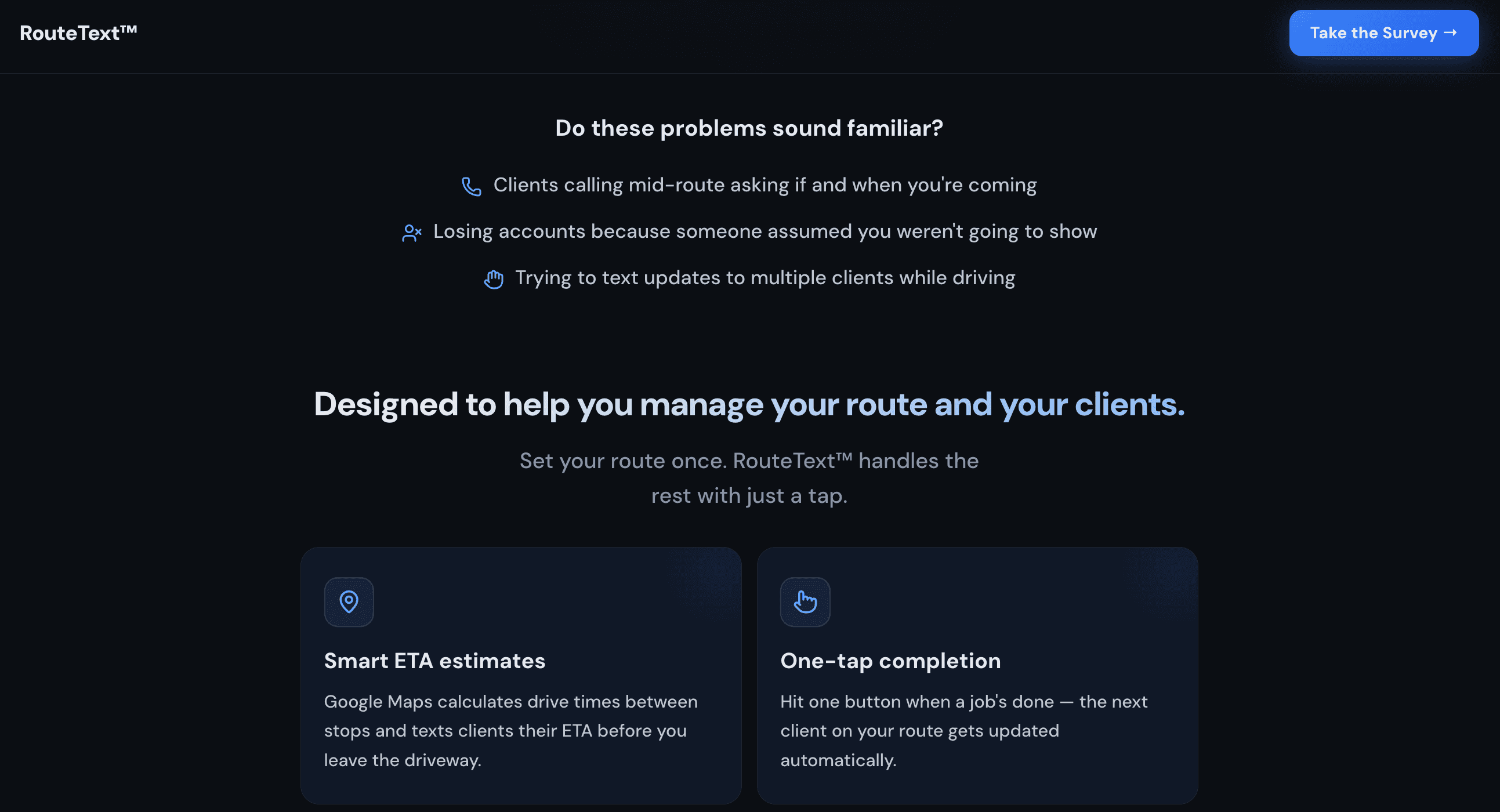 RouteText pain points and features section with smart ETA and one-tap completion cards