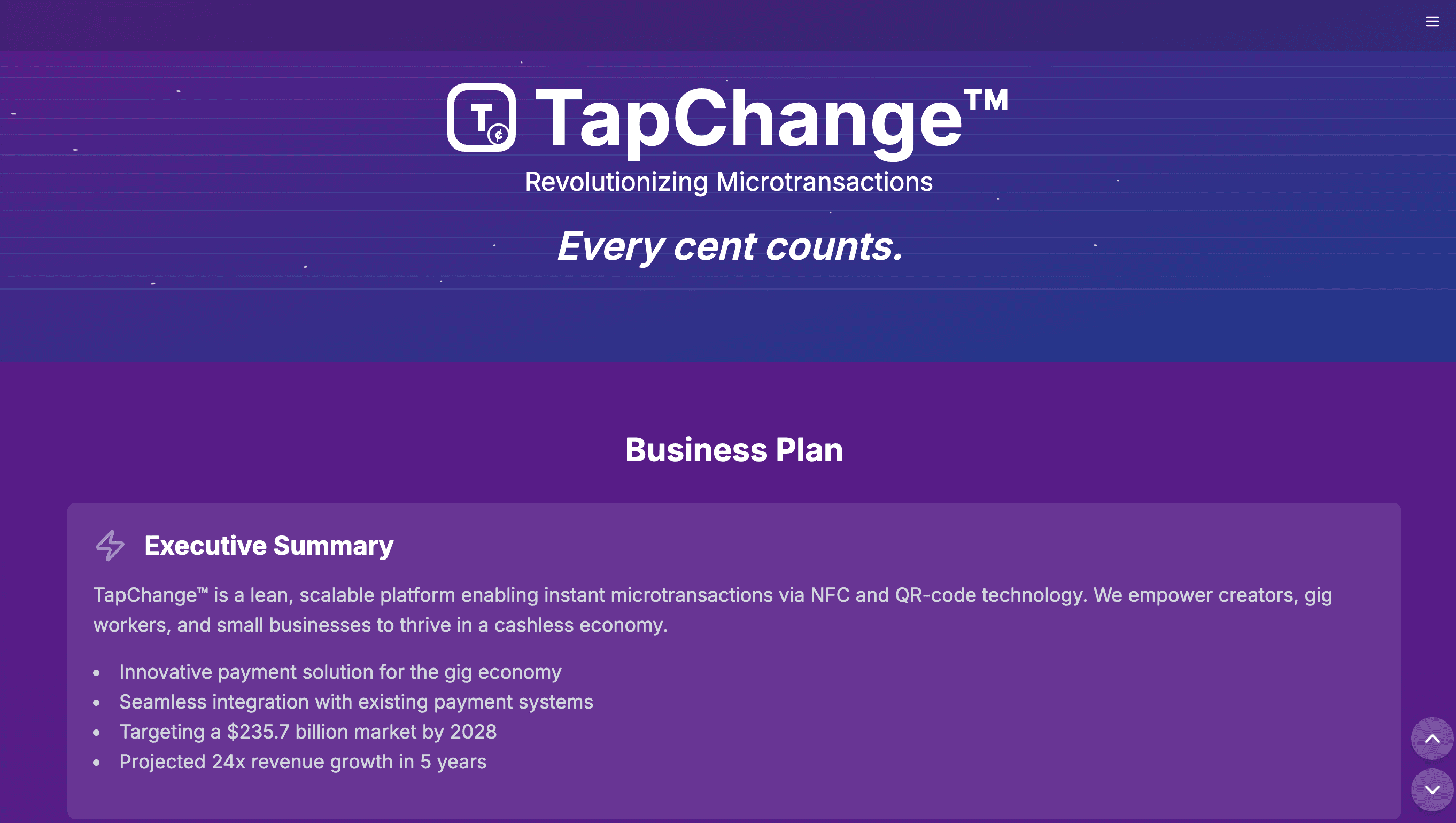 TapChange web app with purple gradient branding